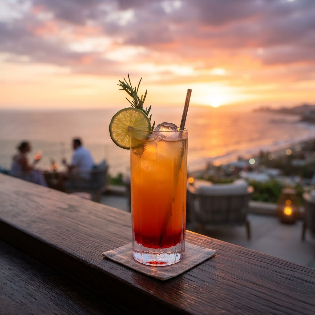 A tequila sunset cocktail glowing against an ocean sunset